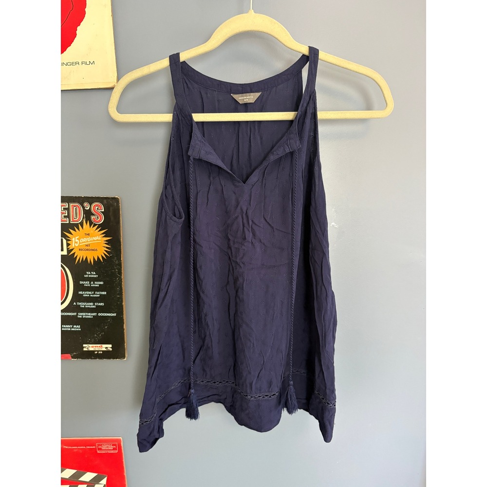 Denver Hayes Navy Blue Swiss Dot Tassel Tie Sleeveless Boho Blouse M/M